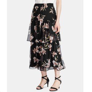 Ralph Lauren Women M Black White Floral Tiered Georgette  ALine Skirt size S